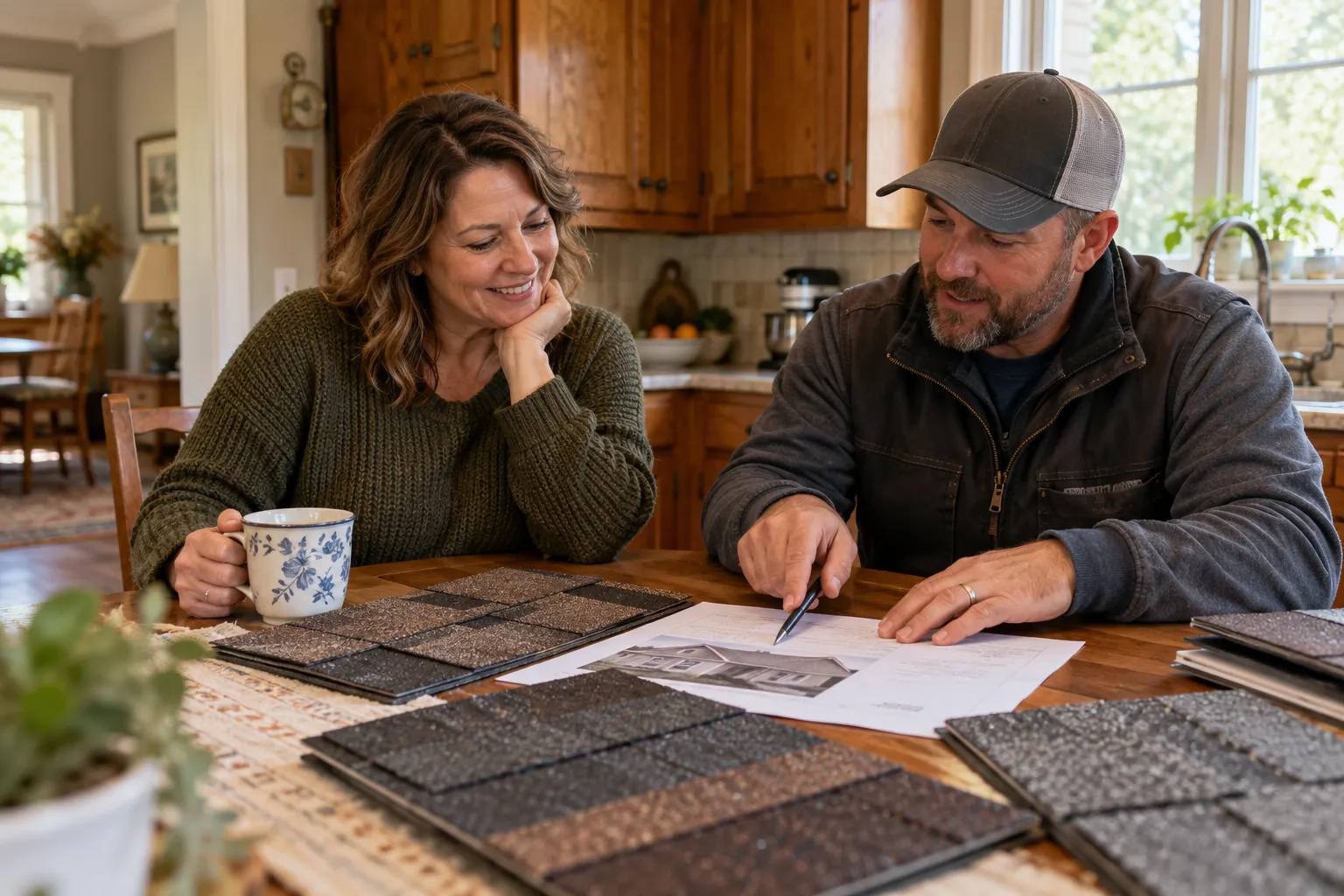 A homeowner reviewing a written roof estimate in the Philadelphia area